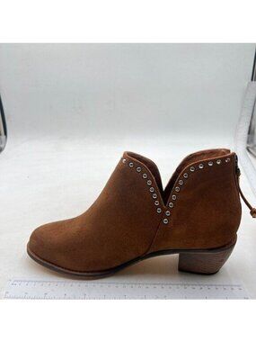 Women Studs Stacked Chunky Low Heel Ankle Booties Cut Out Round Toe Brown Boots